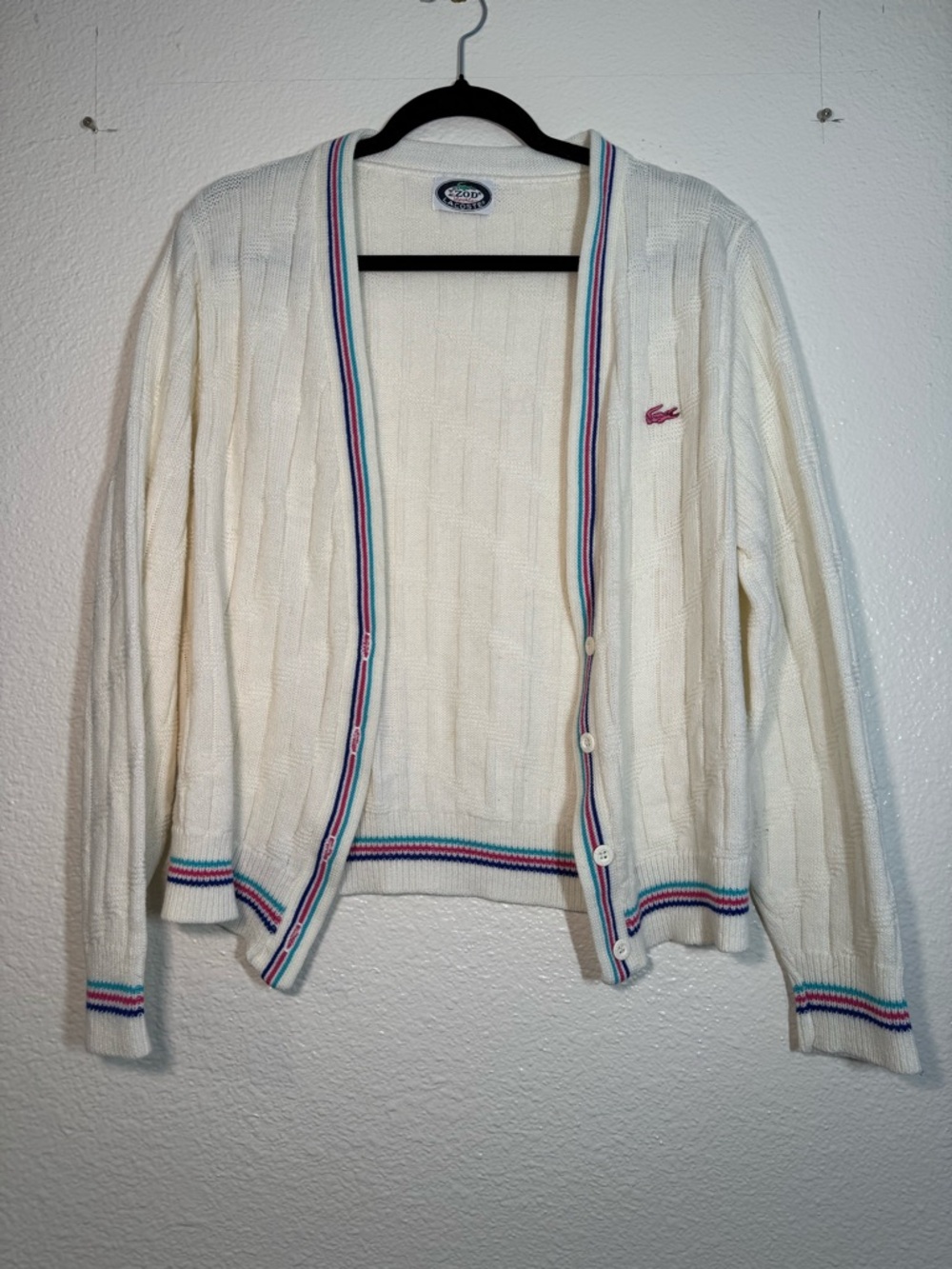 Lacoste Cream Knit Sweater with Green Crocodile Logo Patch